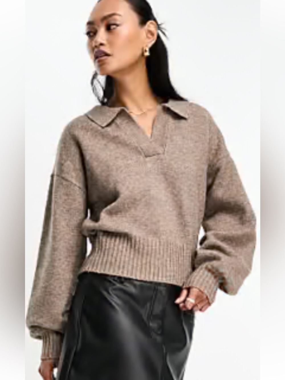 Cider V-Neck Polo Knit Sweater in Light Brown V-Neck Drop Shoulder Sz M New